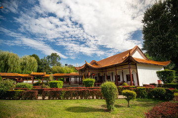 Chinese building in a garden on a sunny day in Vienna, Austria