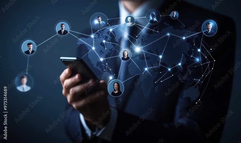 Poster a businessman holds a social network connection with a world map and icons on a dark background, rep