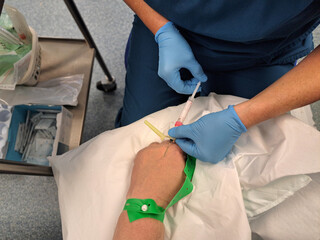Blood test sample: Nurse wearing blue gloves uses syringe and needle to draw blood from vein in...