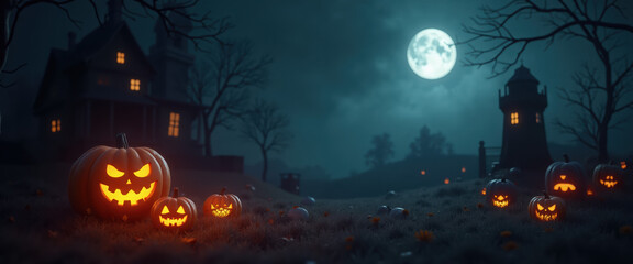 Spooky Halloween Night with Jack-o'-Lanterns Near Haunted House