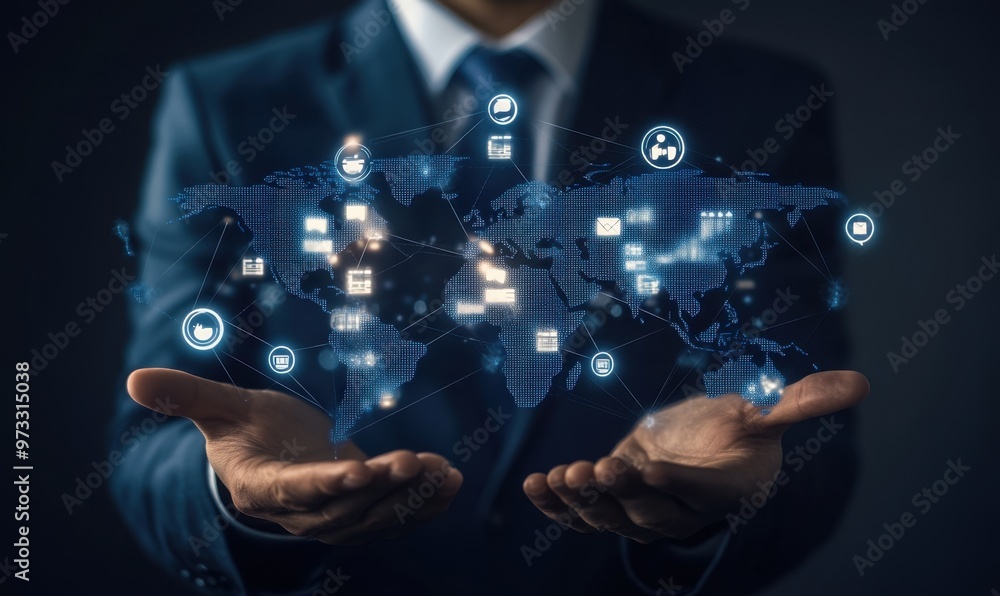 Poster a businessman holds a map of the world with social network icons on a dark background, representing 