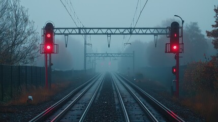 A mysterious railway track veiled in mist, with red signal lights and overhead power lines adding a sense of depth and intrigue, suggesting a journey shrouded in mystery and anticipation.