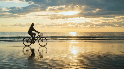 A person riding a bicycle on the beach, capturing the freedom and joy of cycling by the sea in a scenic and relaxing environment.