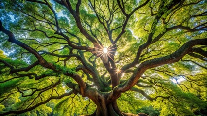 Dappled sunlight filters through intricate network of gnarled branches and vibrant green leaves, creating a serene and peaceful atmosphere beneath the tree's majestic canopy.