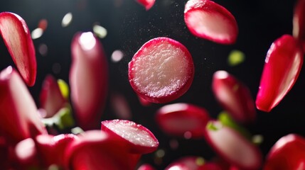 Dynamic Close-Up of Fresh Red Radishes in Mid-Air as They are Sliced for a Vibrant Culinary Experience