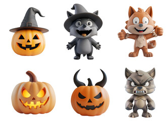 Fototapeta premium Cute, Funny Cartoon Illustration of Werewolf and Pumpkin 3D Character for Kids’ Halloween Party, Isolated on Transparent Background, PNG