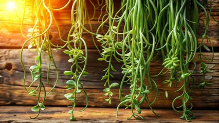 Obraz premium Delicate, curly tendrils of Pseudorhipsalis orchid cacti sprawl across a rustic wooden background, showcasing their unique epiphytic beauty in soft, warm morning light.