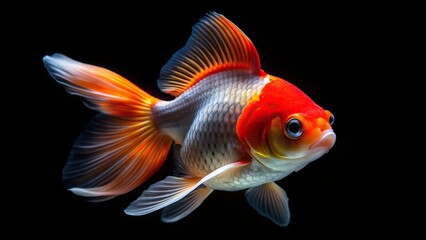 Fototapeta premium scales, fish tank, vibrant, close-up, depth of field, ornamental,red cap, beautiful, pet, underwater, Red Cap Oranda Goldfish isolated on black background with a shallow depth of field