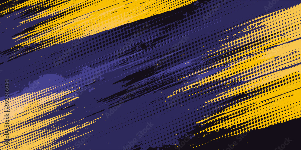 Poster yellow halftone on blue background. vector dotted sparkles or halftone shine pattern texture pop art