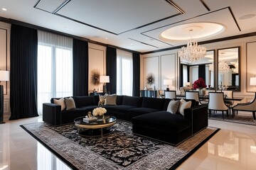 Luxurious Black Sectional Sofa and Decorative Accents in a Grand Spacious Living Room