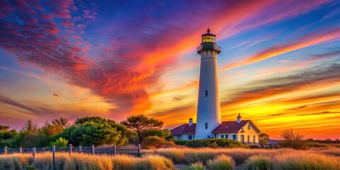 scenic, landmark, destination, travel,Cape May, springtime, peaceful, architecture, silhouette, sunset, Cape May NJ lighthouse standing tall against a colorful sunset sky in springtime © Chanchai