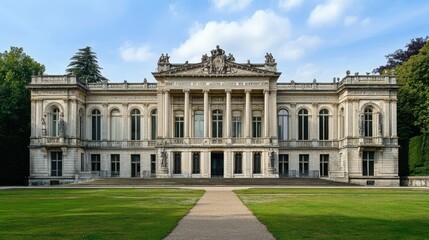 A grand classical building with a symmetrical facade and a path leading to the entrance.