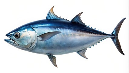 Fototapeta premium sushi,bluefin tuna, delicacy, underwater, vibrant, culinary, diet, fresh, Bluefin tuna positioned at eye level with a clean white background showcasing its freshness and vibrant colors