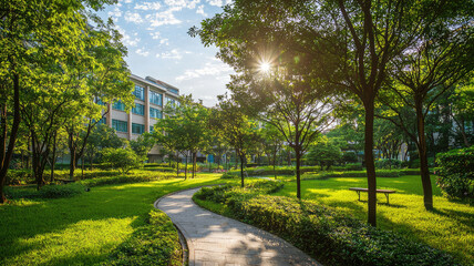 Fototapeta premium A serene hospital garden with lush greenery and sunlight filtering through trees
