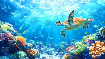 Obraz premium Turtle dwelling in the immense great barrier reef. Great Barrier Reef. Illustration