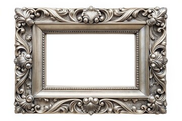 silver frame, retro, details, isolated frame, vintage picture frame, intricate, A vintage silver...