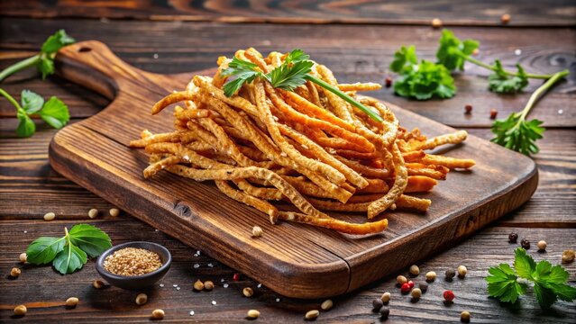 Delicate strings of crispy, golden-brown chicote strips adorn a rustic wooden board, surrounded by scattered sesame seeds and fresh herbs, evoking a sense of rustic elegance.