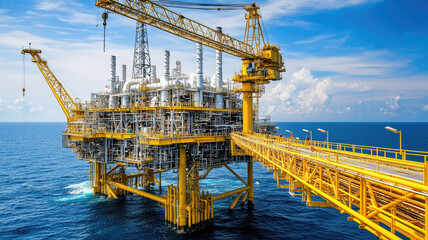 Fototapeta premium Offshore oil platform with industrial crane and machinery under blue sky