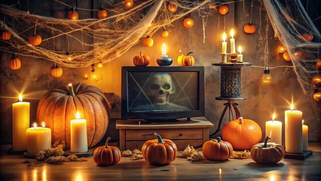 dimly lit TV screen displays eerie programming schedule, surrounded by cobweb-covered decorations, candles, and pumpkins, evoking festive autumnal atmosphere.
