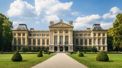 A grand, neoclassical building with a symmetrical facade, surrounded by manicured lawns and trimmed bushes.