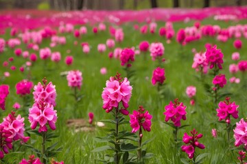 Fototapeta premium Vibrant Spring Meadow Filled with Bright Fuchsia Flowers and Lush Greenery