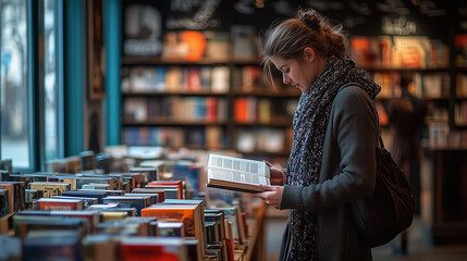Woman Flipping Through a Novel in a Bookstore