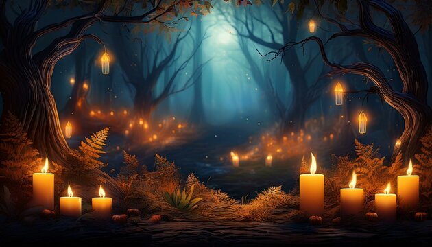 fabulous Night forest and magic candles. mysterious fairy scene. witchcraft ritual. fall season natural Background. Samhain, Halloween holiday concept. copy space