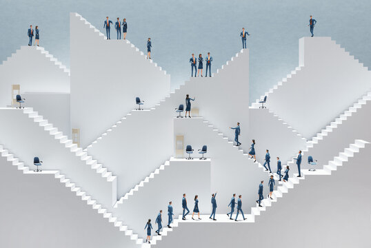 Business people guessing for job interview. Senior management stay on top of stairs and looking down at candidates.  Abstract business environment with white stairs 3d rendering 