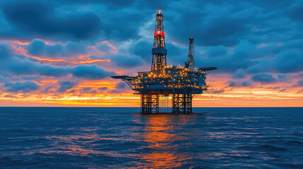 Oil platform at dusk with lights illuminating ocean, creating serene atmosphere