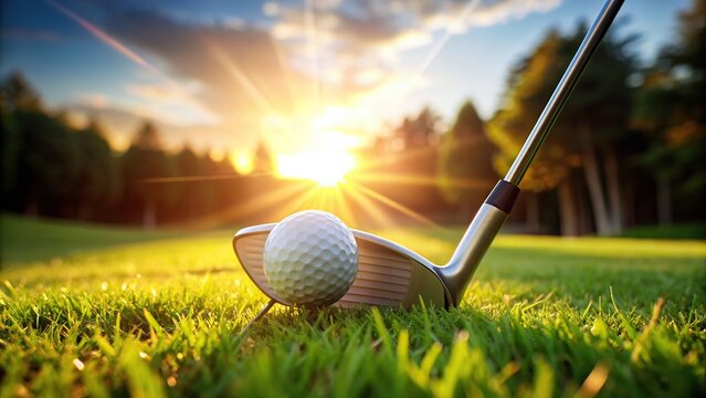 competition, club, recreation, game, golf ball, sunny, green, swing, leisure, A tilted angle stock photo showing a beam of light illuminating a golf club and a golf ball on the lawn