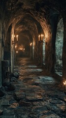 Fototapeta premium A dark, narrow passage with stone walls and a stone floor