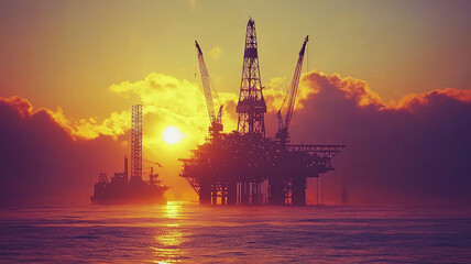 Oil platform, drilling operation, sunset, ocean, industrial