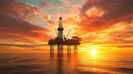 Oil platform rig set against vibrant orange sunset over ocean