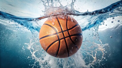 Basketball being played underwater with a splash captured in a medium shot against a white background, innovative, underwater photography, isolated, dribbling, aquatics,basketball