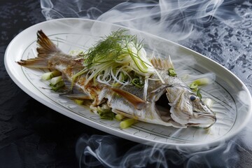 Elegant Steamed Whole Fish with Fresh Herbs and Smoky Aromatic Presentation &ndash; Perfect for Gourmet Dining