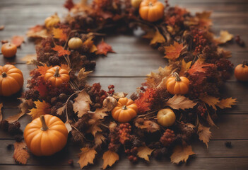 Fall autumn wreath on wooden brown table