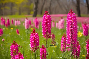 Obraz premium Vibrant Spring Meadow with Colorful Fuchsia Flowers and Lush Landscapes