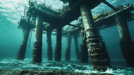 Underwater view of an oil platform with massive support columns rising from ocean floor, showcasing marine life