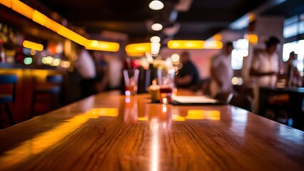 Top of Wooden Table with Blurred Bar Interior restaurant Background