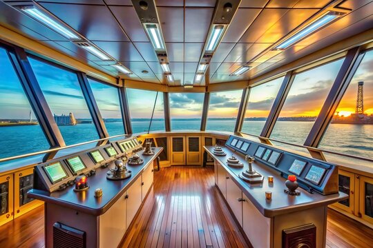Navigational bridge of a large cargo ship also known as the wheelhouse with an asymmetrical design and modern equipment, navigation, maritime, helm, steering, cargo ship