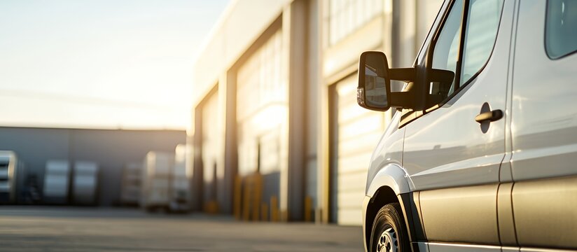 Closeup of a white van parked in front of a building with a closed garage door.