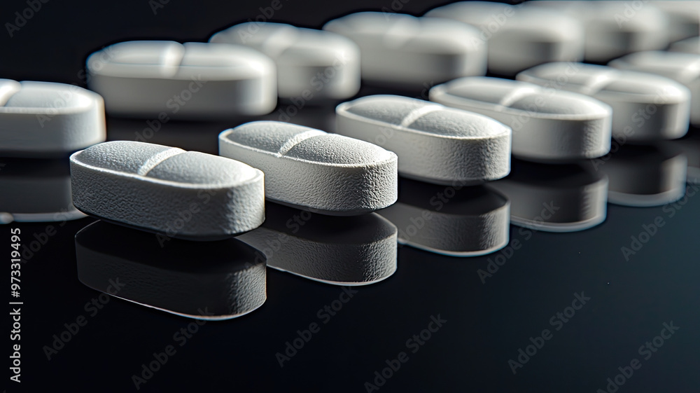 Poster neatly arranged pills on reflective black surface create striking visual
