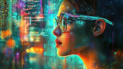 A spectacled woman in a vibrant, glowing technological setting, merging technology with human presence.