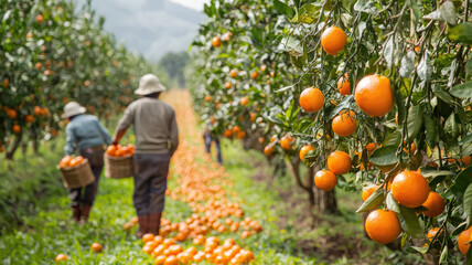 Harvesting ripe oranges in vibrant orchard, workers gather fruit joyfully