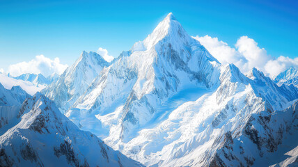 Obraz premium Majestic snow covered mountain peaks under clear blue sky evoke serenity