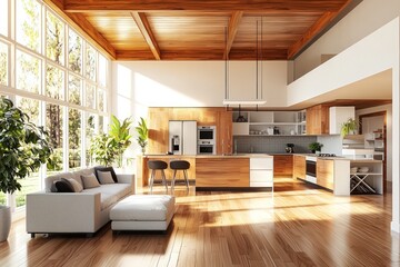 A stylishly spacious kitchen and living room design overlooking a sunny dining area, featuring modern amenities and a wooden ceiling - 3D render.