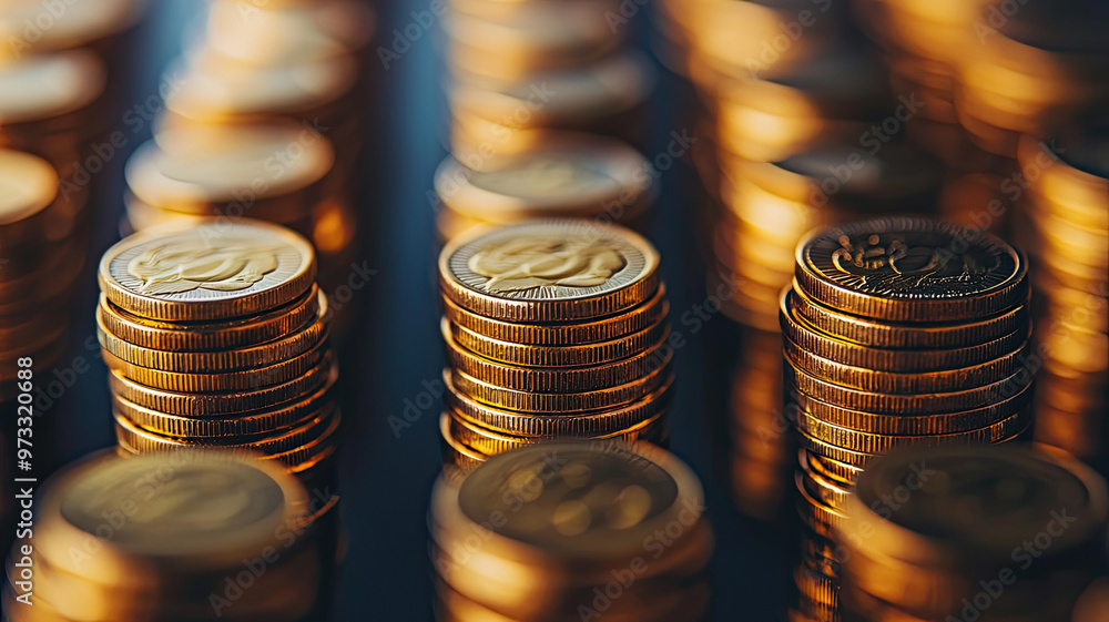Poster stacks of coins lined up perfectly representing saving and wealth
