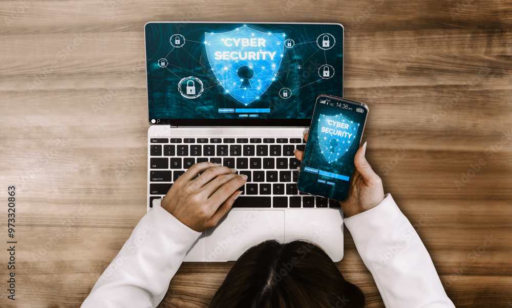 Poster cyber security and digital data protection concept. icon interface showing secure firewall technolog