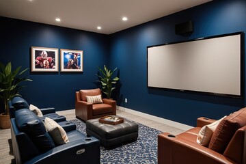 Navy Blue Accent Wall with Home Theater Setup in Relaxation Lounge Design