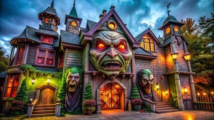Obraz premium Frighteningly decorated haunted house facades loom in the darkness, beckoning thrill-seekers to enter terrifying mazes